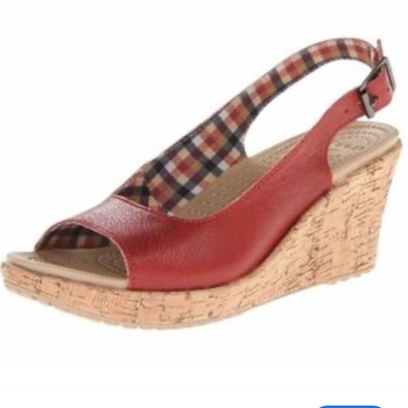 Crocs A-Leigh Red Leather Slingback Cork Wedges Peep Toe Picnic Outdoors Size 9 - Picture 1 of 7